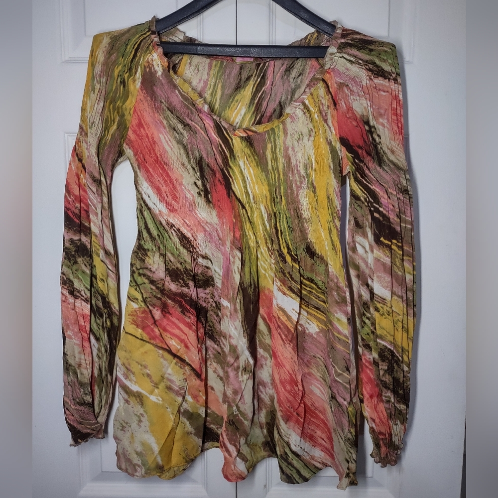 Vintage Sunny Leigh Womens Textured Tunic Top Size S Multicolor Long Sleeve 70s